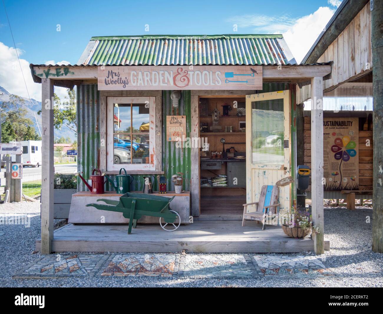 Mrs Woollys garden and tool shop in Glenorchy New Zealand in a corrugated iron shack Stock Photo