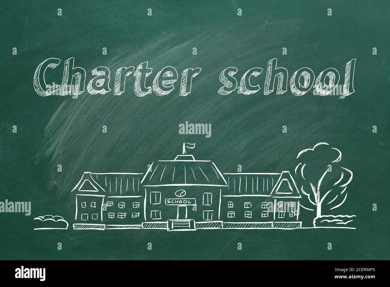 School building  and lettering Charter school on blackboard. Hand drawn sketch. Stock Photo