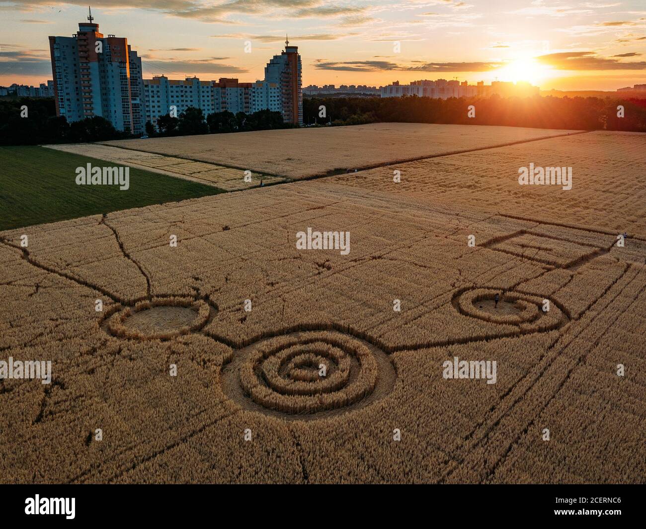 Mysterious crop circle in oat field near the city at the evening Stock Photo