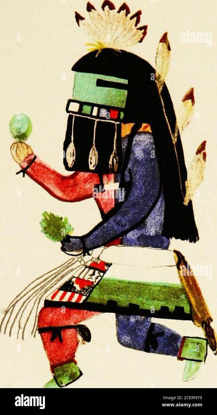 . Hopi Katcinas drawn by native artists. ble those of the Zuni personationsof girls than those of the Hopi, which, so far as it goes, tells in favorof a common derivation. H07CVANA(Plate XXXIII) The figure of Hokyafia katcina is accompanied by that of a drummer.He wears a bearded maskette colored green and has hair cut in ter-races across the forehead and below the ears, but hanging down theback. This May of cutting the hair in terraces is symbolic of rainclouds. There is a bunch of feathers on top of the head, and a string withattached feathers hangs down the 1 )ack. The lower rim of the mask Stock Photo