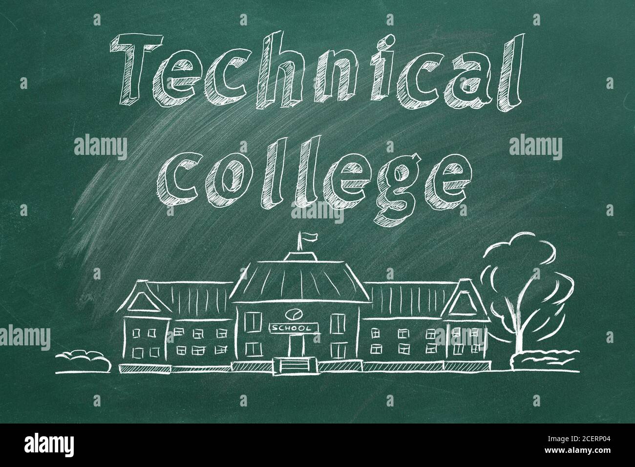School building  and lettering Technical college on blackboard. Hand drawn sketch. Stock Photo