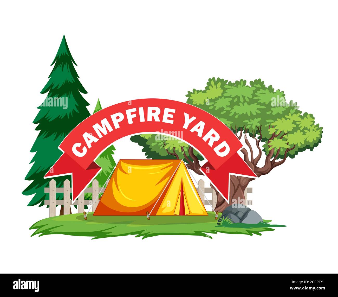 A vector illustration of a yard with a campfire tend with tree and pine tree outside the fence Stock Photo