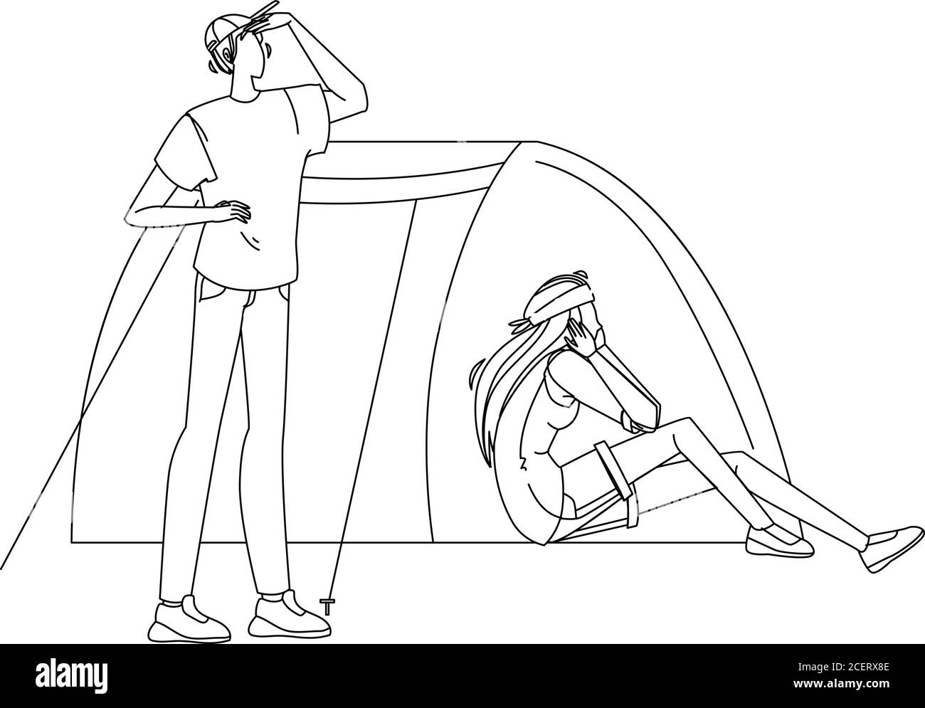 Campsite Tent And Tourists Man And Woman Vector Stock Vector Image ...