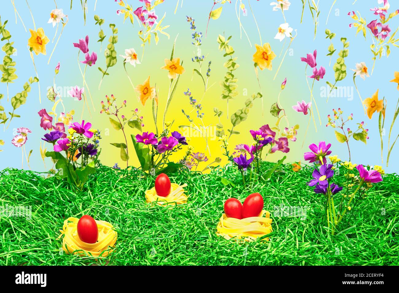Roma tomatoes as easter eggs in noodle nests among green excelsior easter grass. With colorful spring flowers, blue sky and a sunrise. Stock Photo