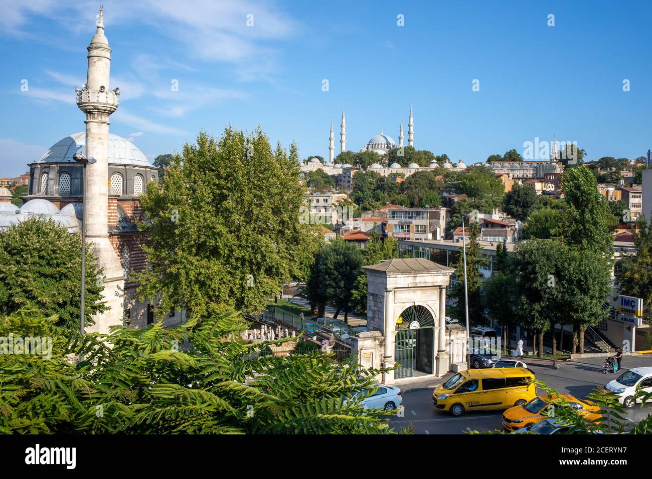 Sep Sefa Hatun Mosque in Unkapani and Suleymaniye mosque and district in the background, Istanbul, Turkey on August 20, 2020. Stock Photo