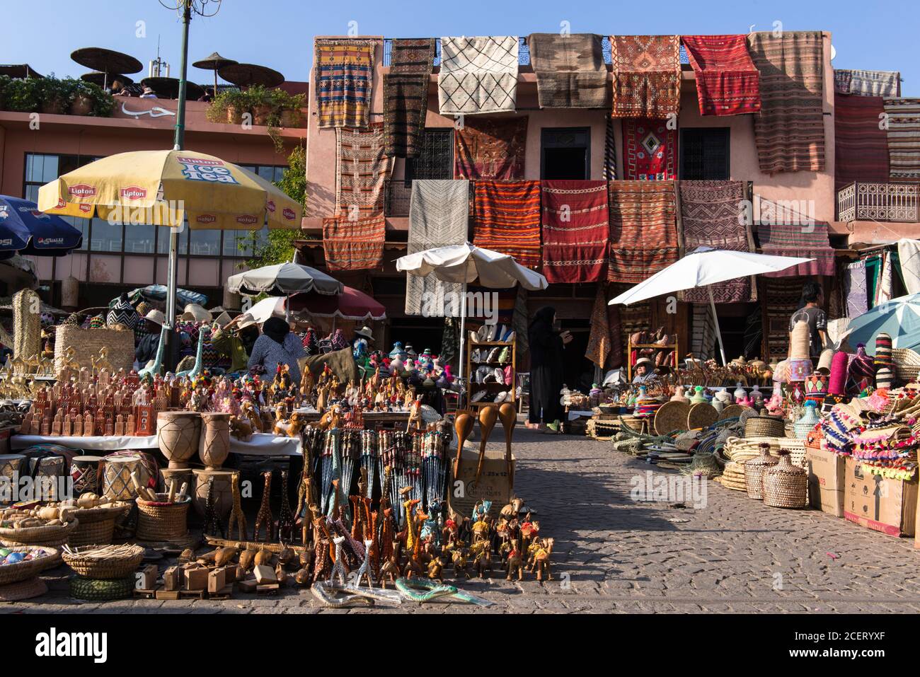 Carpet shop and market stalls in souk  inside the Medina, the old wall city, Marrakesh. Stock Photo