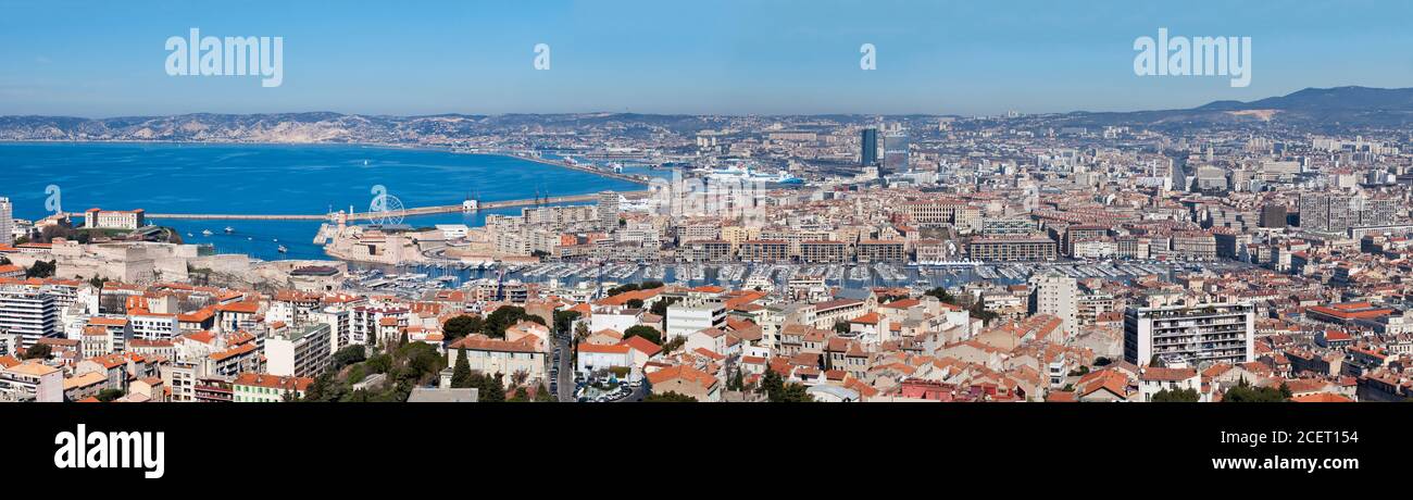 Panoramic view of the Vieux Port with the City Hall of Marseille, the Church of the Accoules and other landmarks. Stock Photo