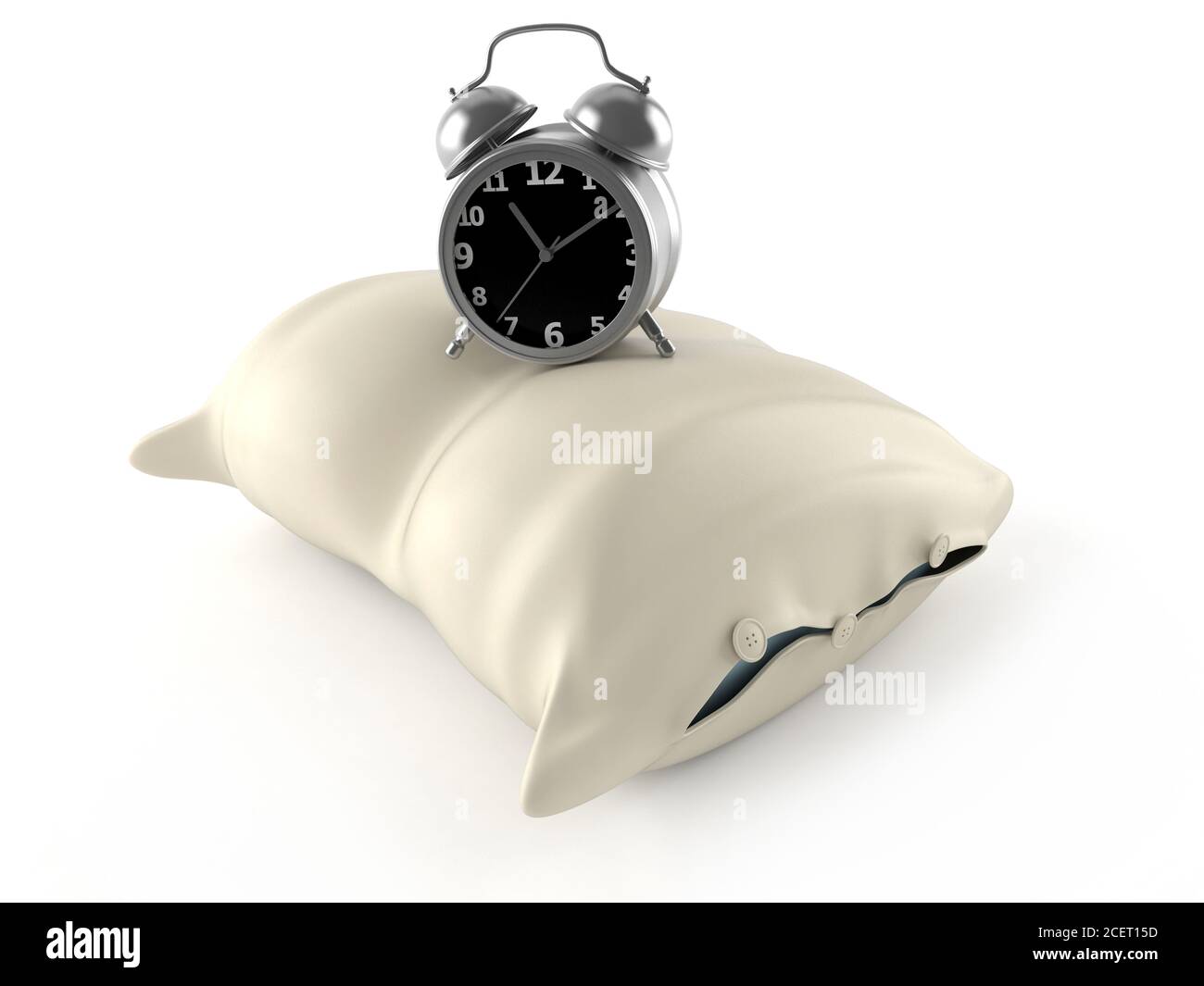 Pillow with alarm clock isolated on white background Stock Photo - Alamy