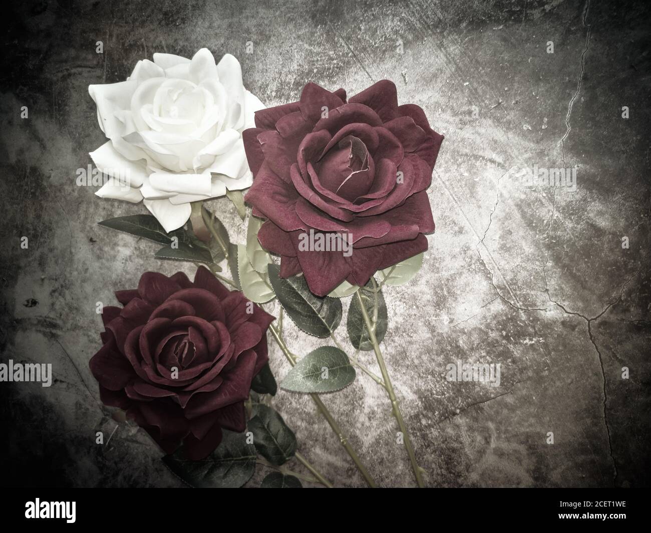 Artificial flowers: three roses on a dark background Stock Photo