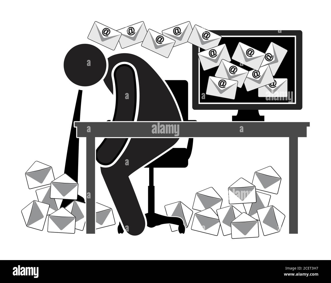 Caricature of sick office worker: health hazard for those who must deal with daily floods of messages. Stock Photo