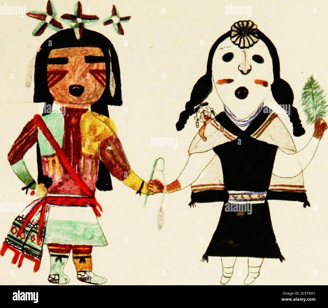. Hopi Katcinas drawn by native artists. nd. EOTOTO (Plate XIV) This is one of the most important katcinas, and is very prominentin several celebrations. The artists picture of Eototo has a white head covering, with smallholes for e3es and mouth, and diminutive ear appendages. There isa fox skin about the neck. The blanket is white, and is worn over a white kilt tied with anembroidered sash, the ends of which are seen below. The figure alsohas knit hose and heel bands. In the left hand there is a skin pouchof sacred meal and a chiefs badge (moiikohu), while the right handcarries a bundle of sh Stock Photo