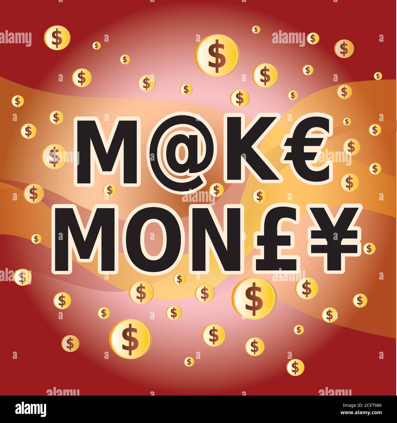 Make Money - Letter and Money Currency Symbols in Red Brown and Gold Colors - Dollars Stock Vector