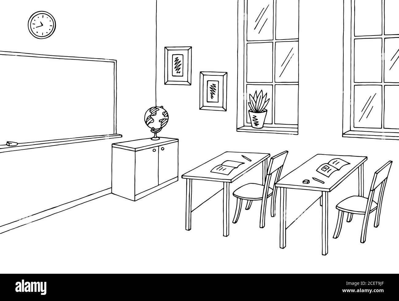 Classroom graphic black white interior sketch illustration vector Stock Vector