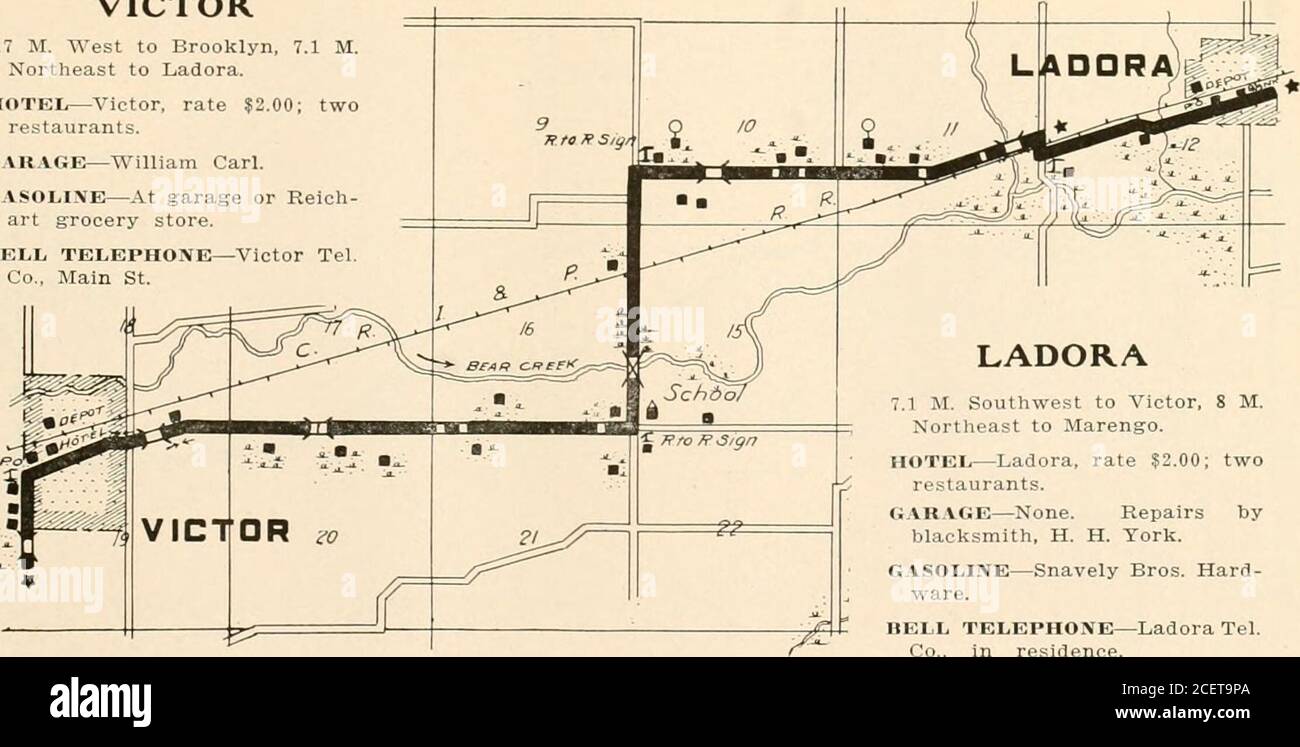 . Huebinger's map and guide for river to river road;. VICTOR . IOWA Hotel Victor, victor, u H. H. YORK Bath Rooms, Sample Rooms.Hot and and Cold Water andToilet on Each Floor. SteamHeat. City Gas. Large RoomsRates $2 Per Day. Opp DepotJ. B Litchfield, Prop. Au(o Repair Shop, Oil andGasoline, Blacksmith andWagon Maker, Gaso-line Engine Re-pairing A Spe-cialty LADORA = IOWA WM. CARL The Ladora Savings Bank ? Ladora, Iowa Capital and Surplus, $50,000H. C. GATES • Cashier VICTOR, IOWA Automobiles and Supplies.Telephones. Oils. Gas Enginesand Gasoline Lighting Sys-tems and Separators VICTOR IOWa EV Stock Photo