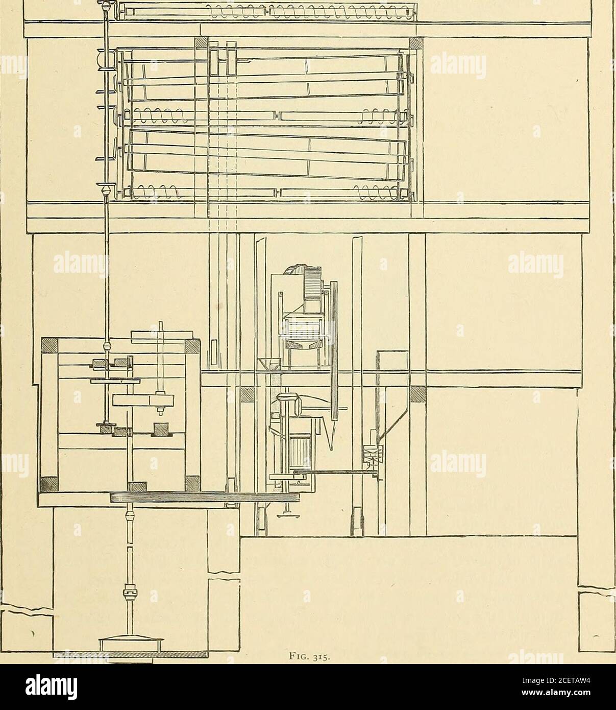 . The miller, millwright and millfurnisher. Fig. 314. mill should be arranged so that there shall be a minimum amount of crossconveying and re-elevating,and a good system of spouting enables the ma- SPOUTING. 465 terial to be put where wanted, with a maximum expense for outlay andpower. ^ q 1 ^ ^ ri r^ &gt; 1^ r /^ ^ ^ ^^ ^ /^ ^ ^ ^ ^^ J L ^ L L *L L L „ I L V L CV J L f. The trough of the conveyor at the top of the mill may have short spouts,at intervals of four feet, which will take the wheat from the conveyors to the 466 ELEVATING, SPOUTING AND CONVEYING. bins. Each bin should have at its Stock Photo