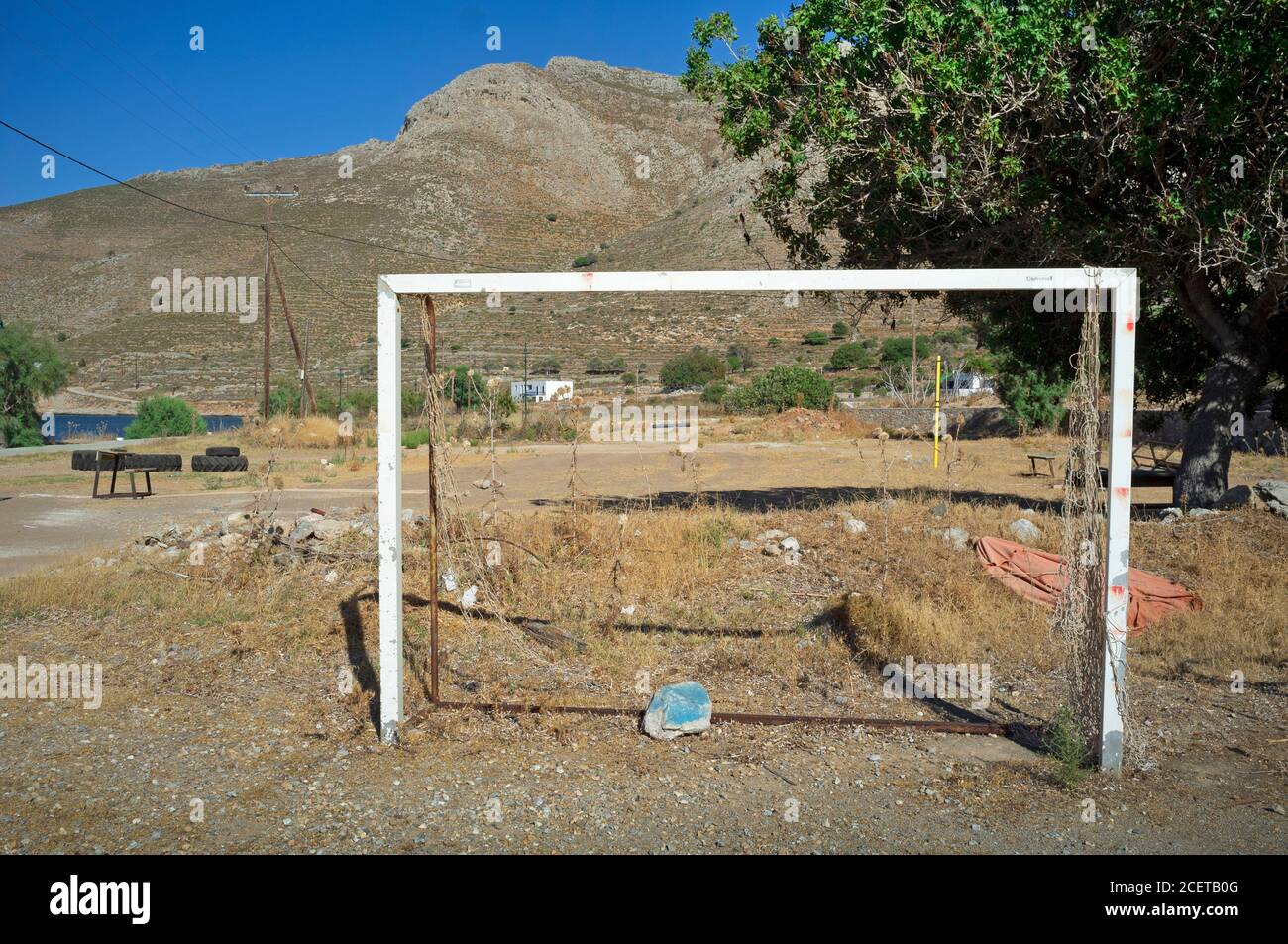 Goalposts on the Greek island of Tilos Stock Photo