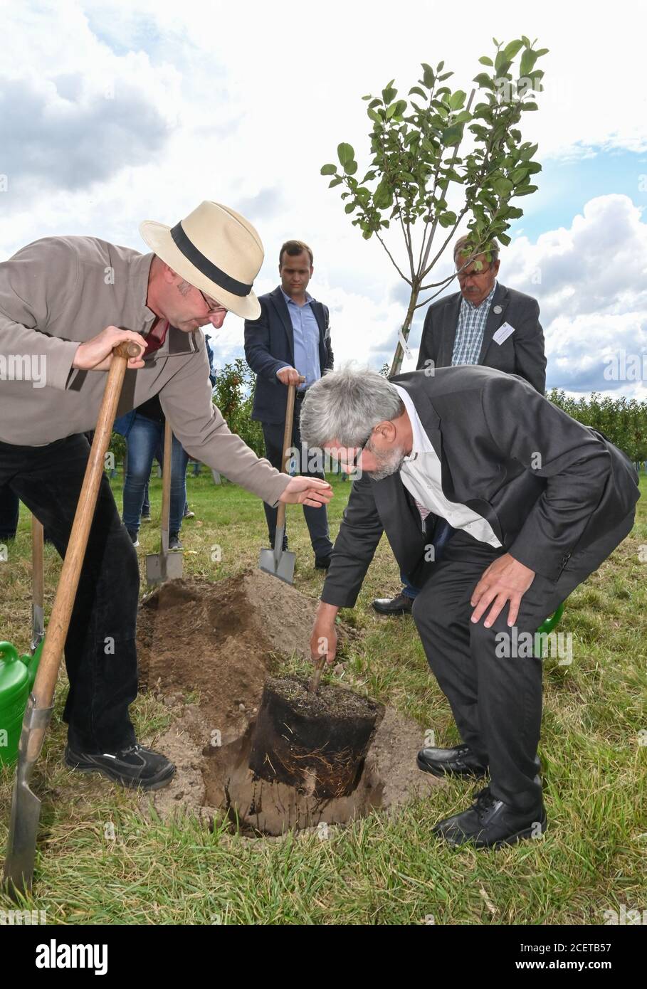 Wesendahl, Germany. 02nd Sep, 2020. Andreas Pachali (l), plant manager of the Barnimer tree nurseries and Axel Vogel (Bündnis 90/Die Grünen), Minister of Agriculture of Brandenburg, plant an apple tree of the variety 'Karower' as part of the campaign 'Einheitsbuddeln' on the 30th anniversary of German Unity on the premises of BB Brandenburger Obst GmbH in the 'Apfeldorf' Wesendahl near Altlandsberg. On the same day, the symbolic start of the Brandenburg apple harvest was carried out on this site in the district of Märkisch-Oderland. Credit: Patrick Pleul/dpa-Zentralbild/ZB/dpa/Alamy Live News Stock Photo
