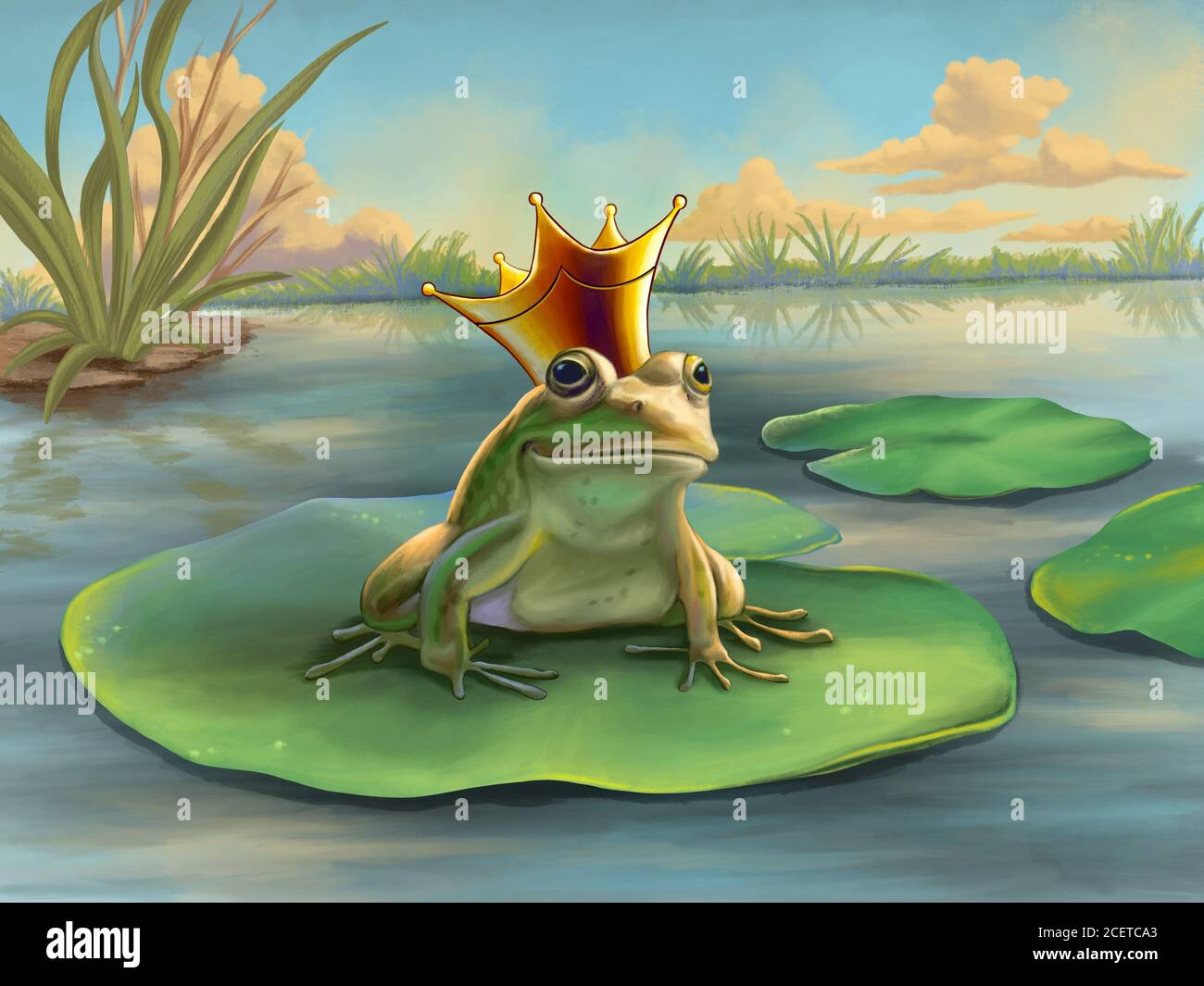 Frog prince waiting on a water lily. Digital illustration. Stock Photo