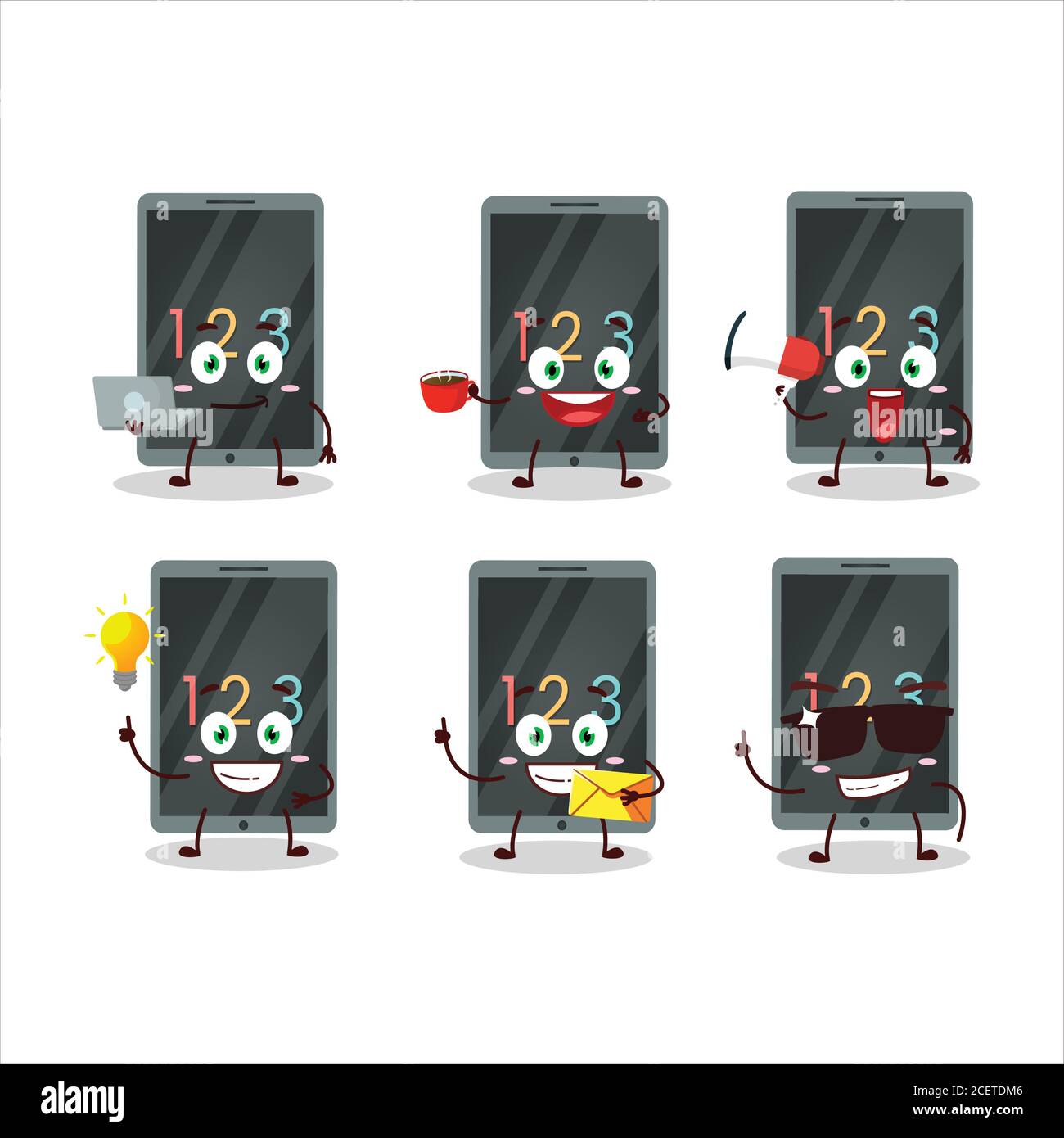 Numeric on tablet cartoon character with various types of business ...