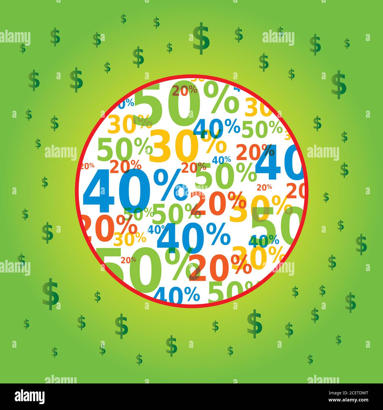 Sale Symbol in Circle with Dollar Icons on Green Background Stock Vector