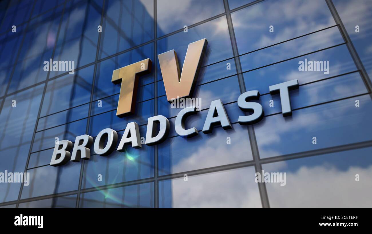 TV broadcast sign on glass building. Television broadcasting, news media and telecommunication concept in 3D rendering illustration. Mirrored sky and Stock Photo