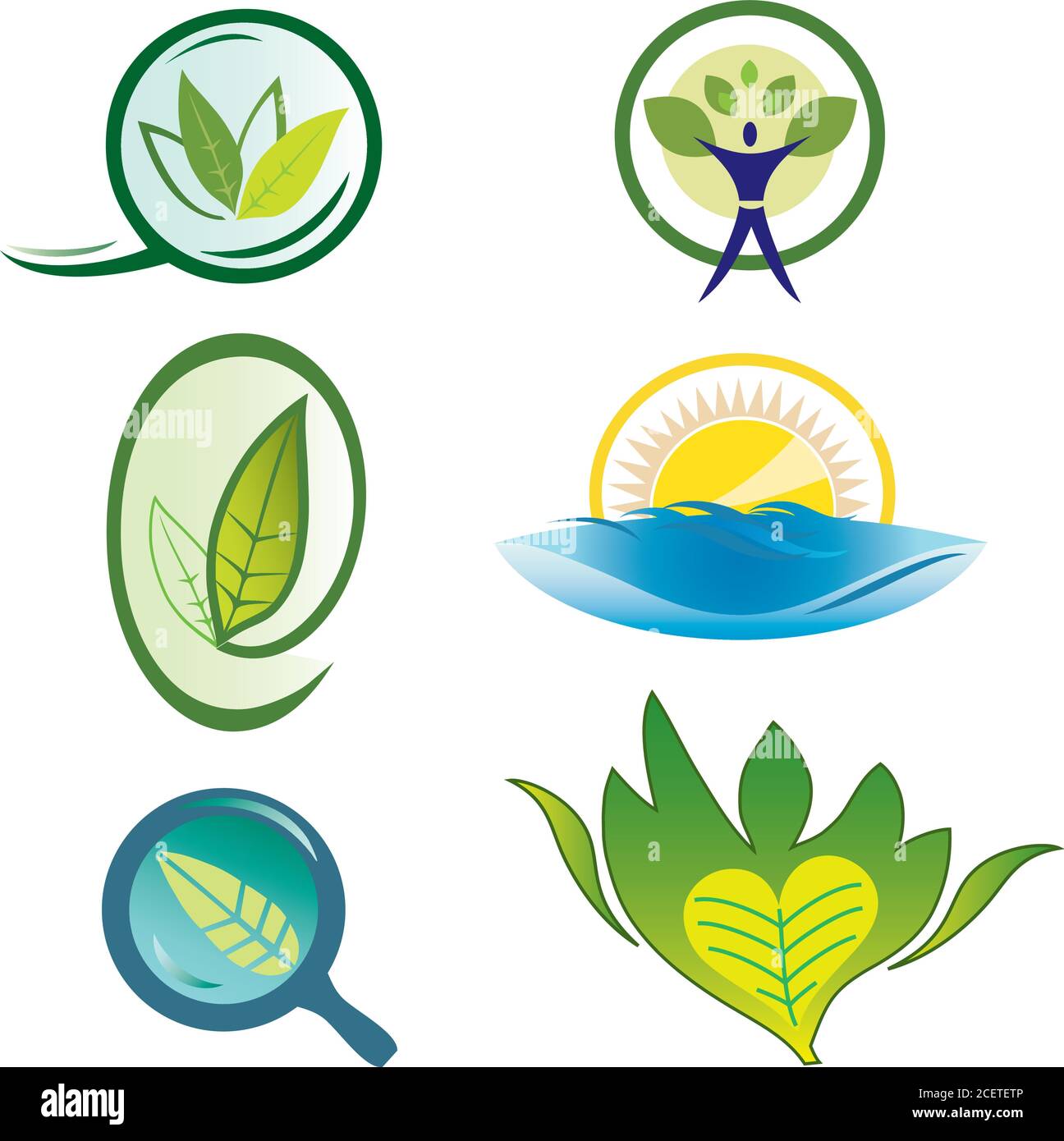 Set of Six Nature Icons - Foliage Elements in Blue and Green Colors Stock Vector