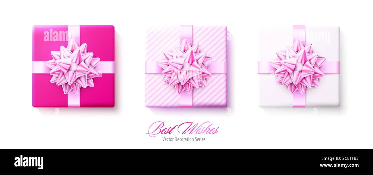 Set of gifts boxes with pink bows and ribbons isolated on white ...
