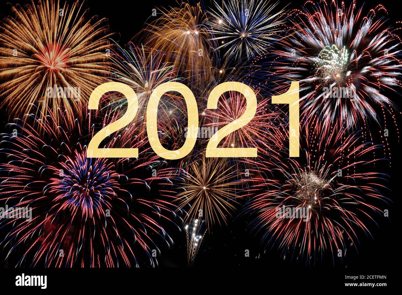 firework on sky with year date 2021 Stock Photo