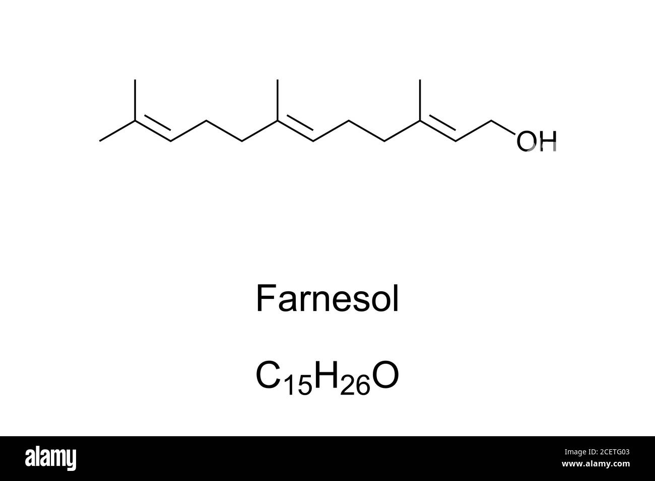 Farnesol, chemical structure. Present in many essential oils such as citronella, neroli, rose and lemon grass. Used in perfumery. Stock Photo
