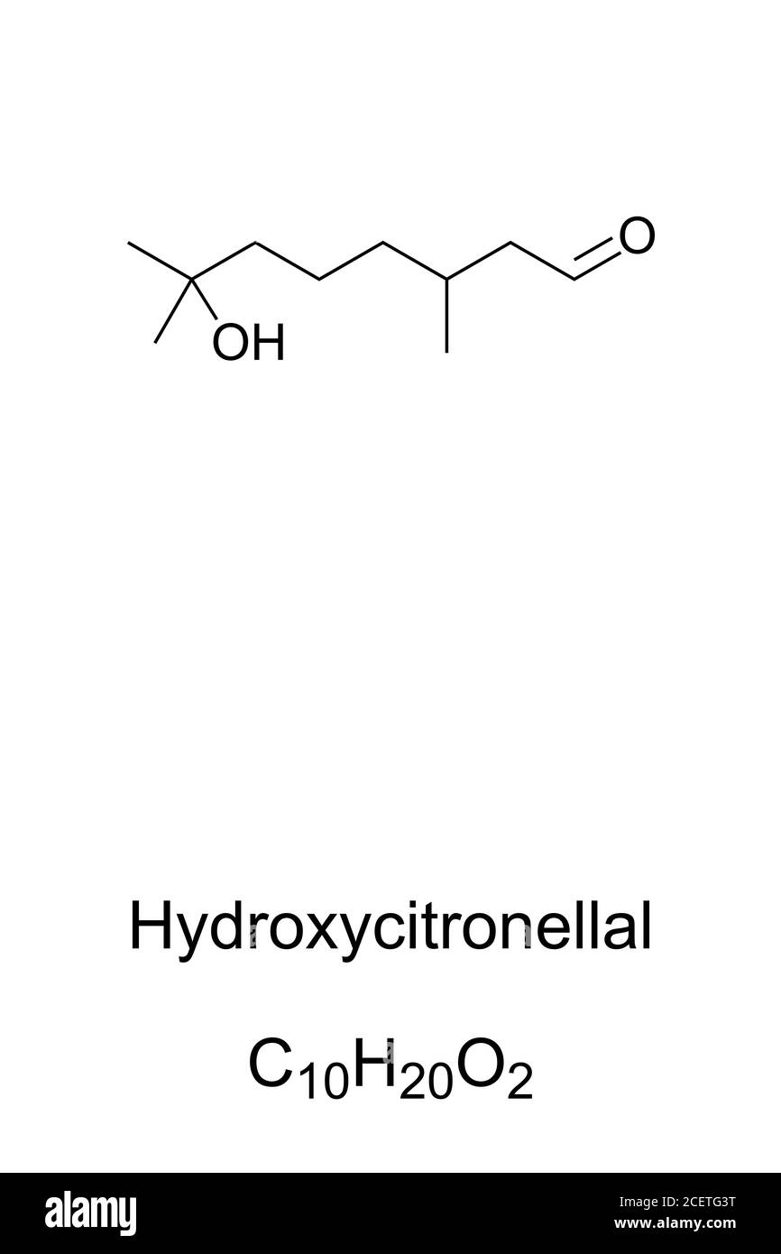 Hydroxycitronellal, chemical structure. Odorant used in the perfumery. It has a sweet floral odor with citrus and melon undertones. Stock Photo