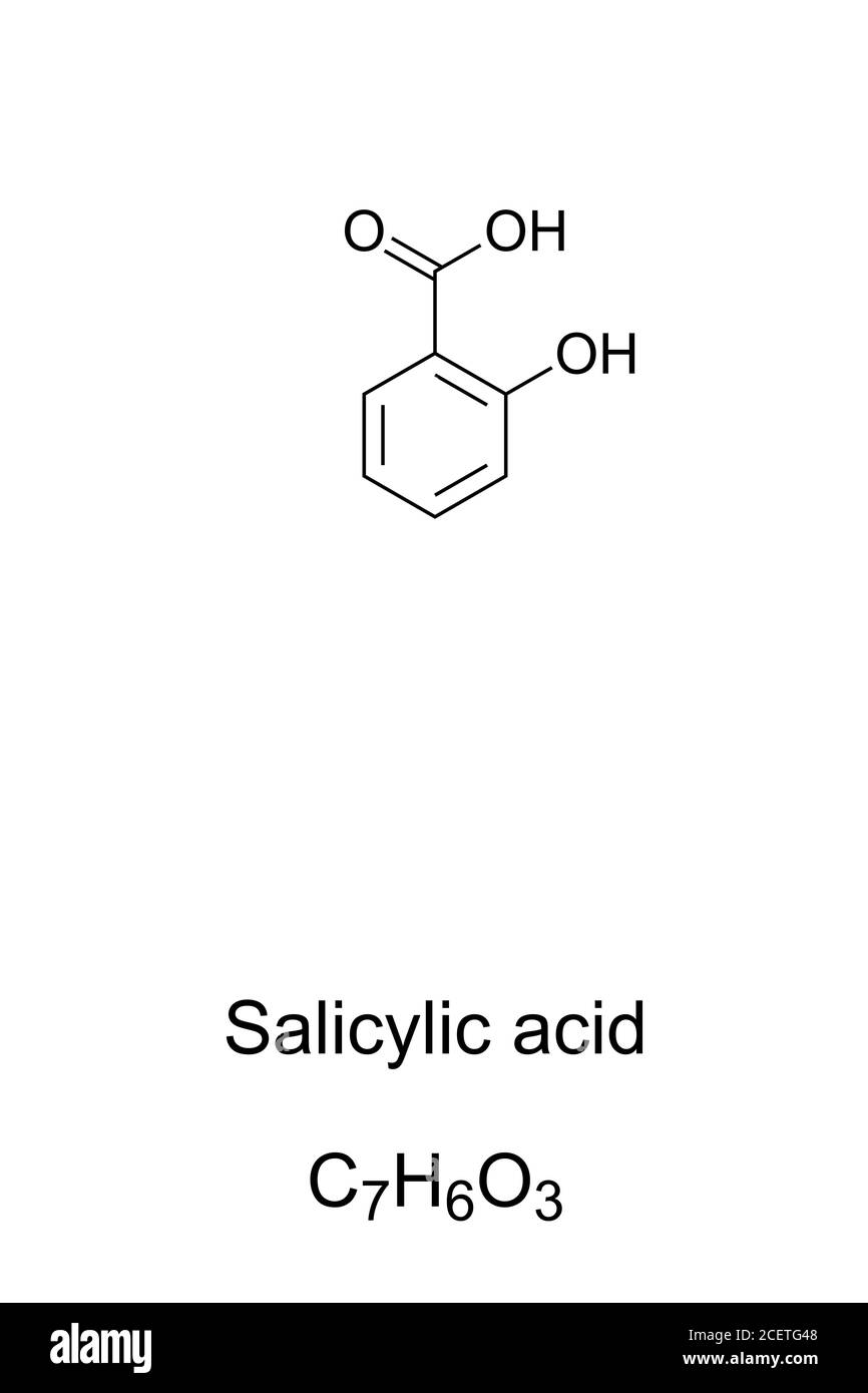 Salicylic acid chemical structure. Used in organic synthesis as plant hormone. Active metabolite of aspirin. Stock Photo