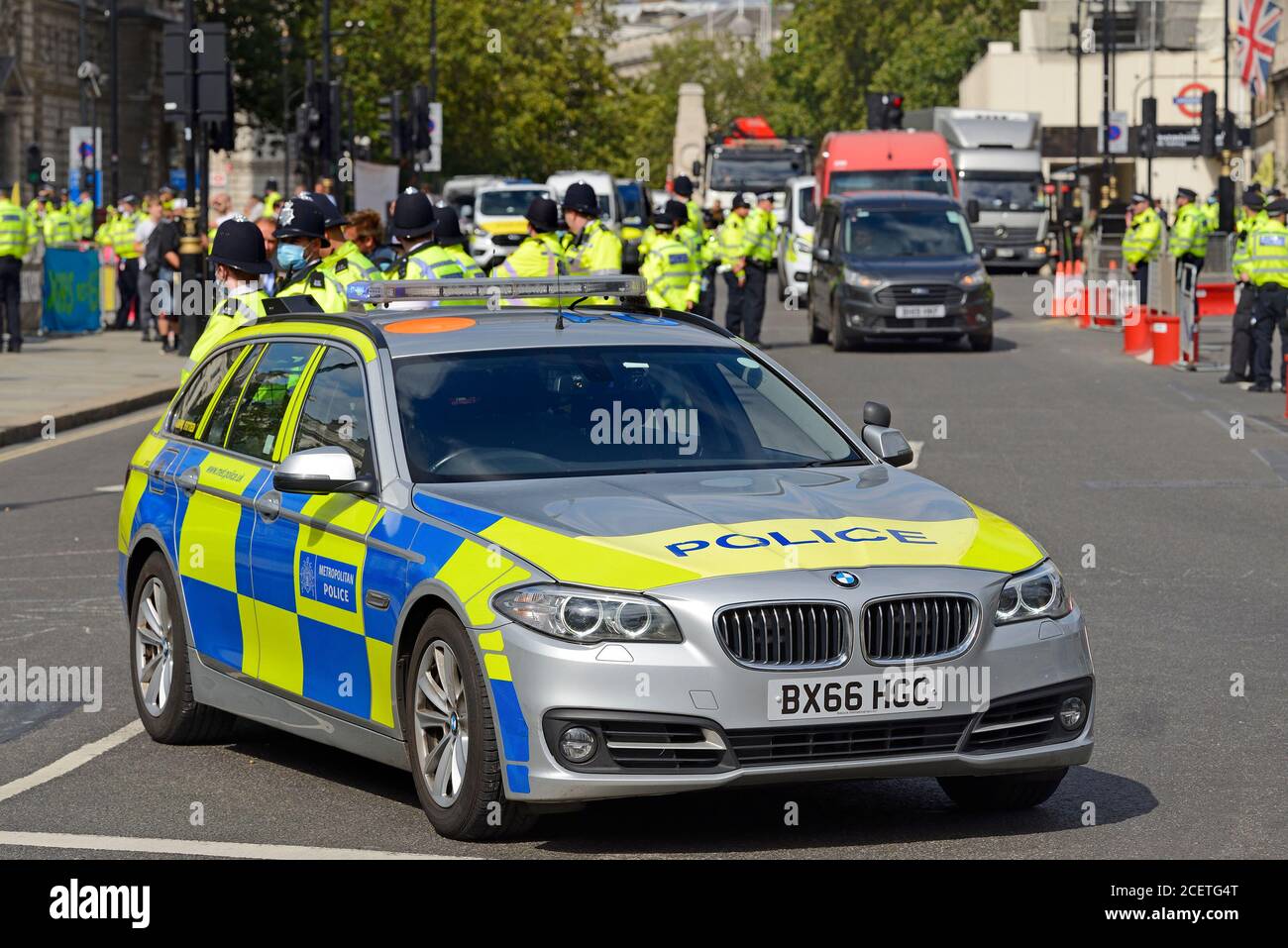 London, UK. Metropolitan Police officers at an Extinction Rebellion protest in Parliament Square during the COVID pandemic, 1st Sept 2020 Stock Photo