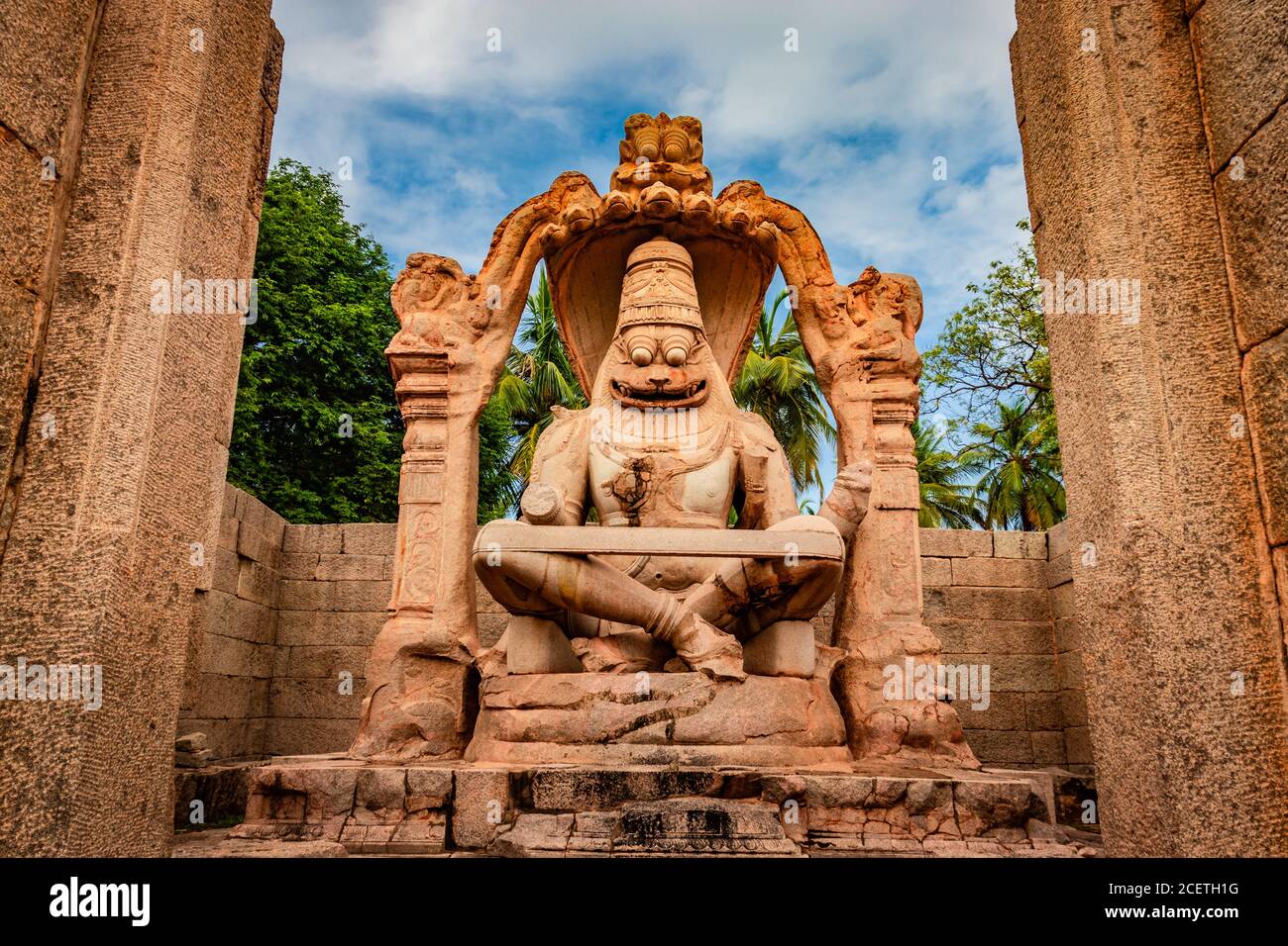 narasimha lakshmi temple hampi antique stone art close up shot from unique angle with amazing sky image is taken at hampi karnataka india. This temple Stock Photo