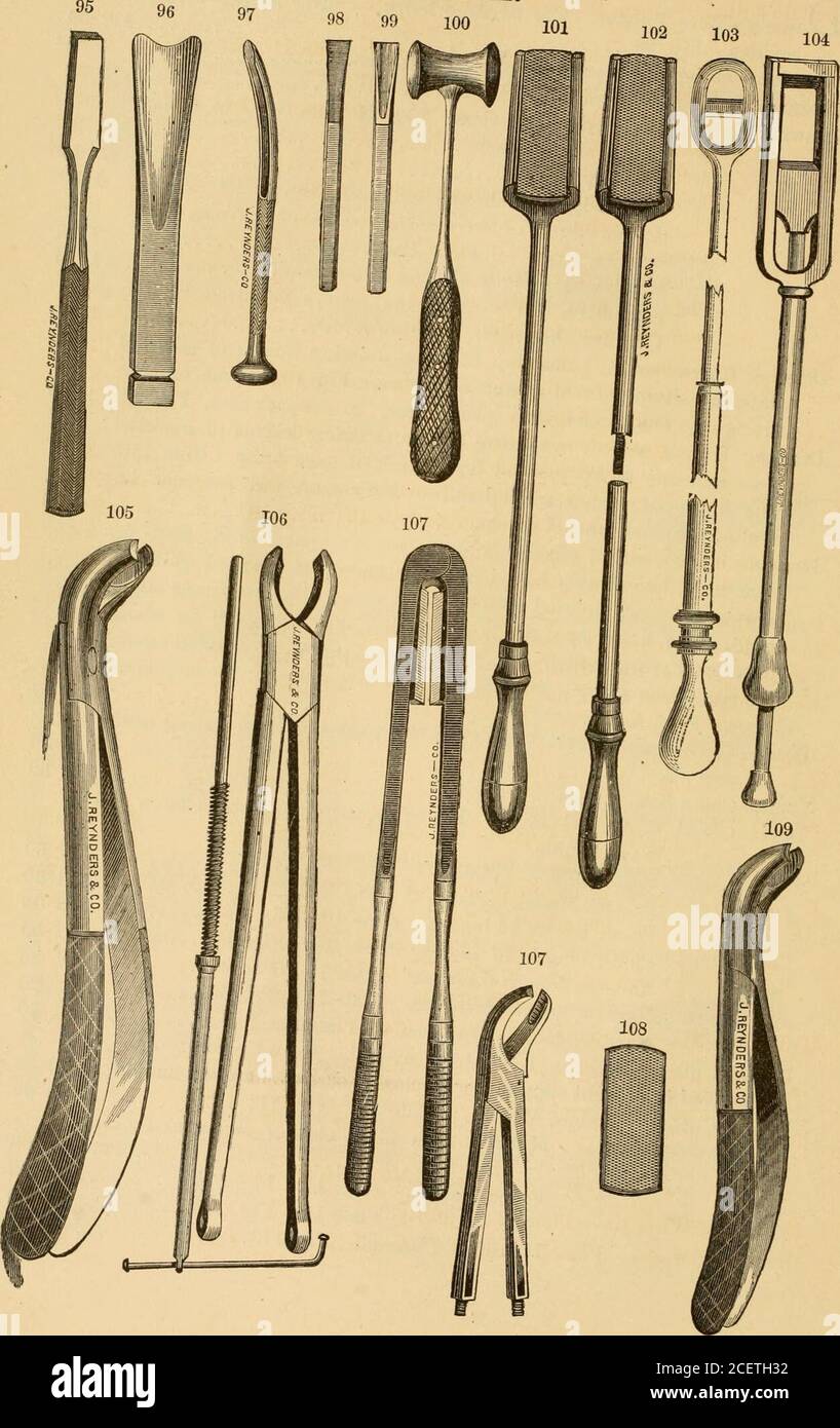 . Illustrated alphabetical register of veterinary instruments, anatomical models, books, &c.. director and one silver probe; in mahogany case. Prof. A. Liautards 16 00 Delafords Graduated Lancet and Grooved Needle, for inoculating cattle, in case 7 50 Dental Chain Saw. Plate 5. Fig. 51 12 50 Dental Chisel, E. A. A. Granges. The chisel is propelled by a screw andcrank handle. Prof. Goings. Plate 10. Fig. 104 17 50 French Model. Plate 10. Fig. 103 14 00 Plain; length 16 inches. Plate 10. Fig. 96 3 00 Plain; length 10 inches. Plate 10. Fig. 96 2 00 Narrow; length 6 inches. Plate 10. Fig. 95 1 25 Stock Photo
