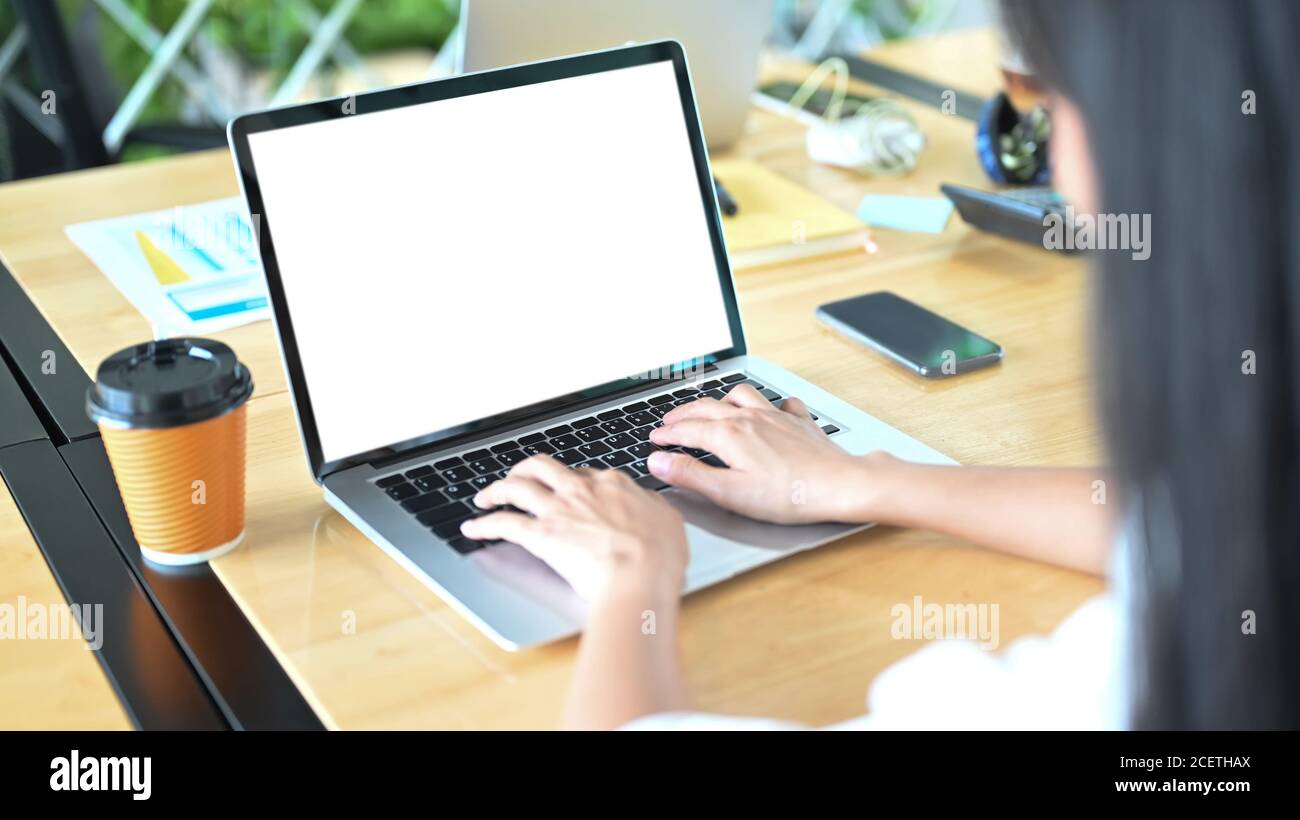 Cropped image of woman using an empty screen computer laptop Stock ...