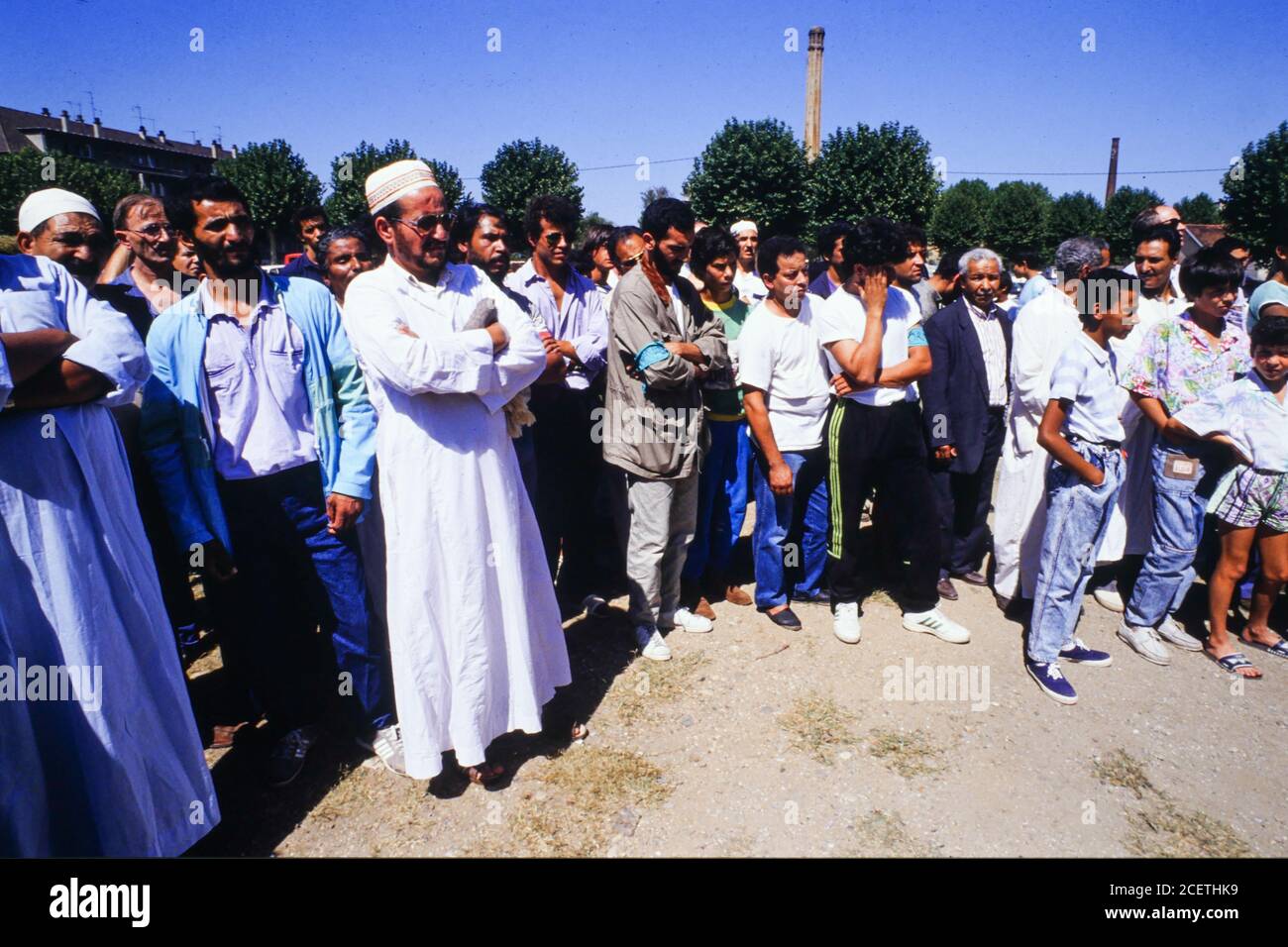 Outdoor prayer of the muslim faithful after the bombing of the prayer hall, Charvieu-Chavagnieux, Isere, 1989, France Stock Photo