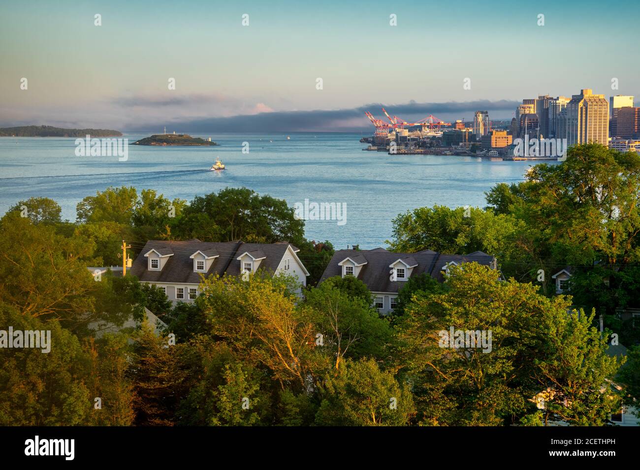View of Halifax Harbour, Nova Scotia from the Dartmouth side of the harbor with views of George's Island and the waterfront of Halifax. Stock Photo