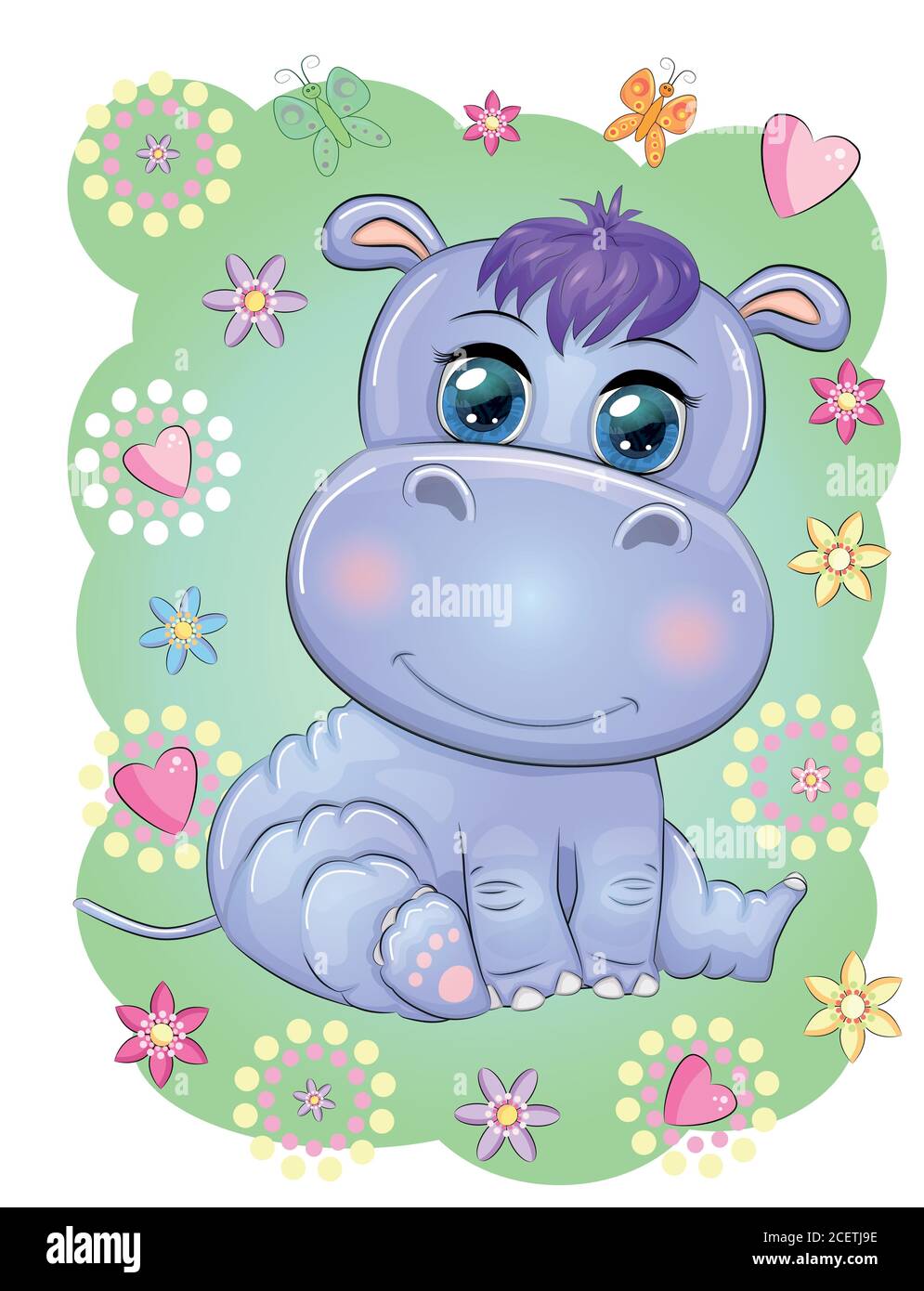 Cute hippo cartoon with beautiful eyes hand-drawn illustration. print t-shirts, baby clothes fashion design Stock Vector