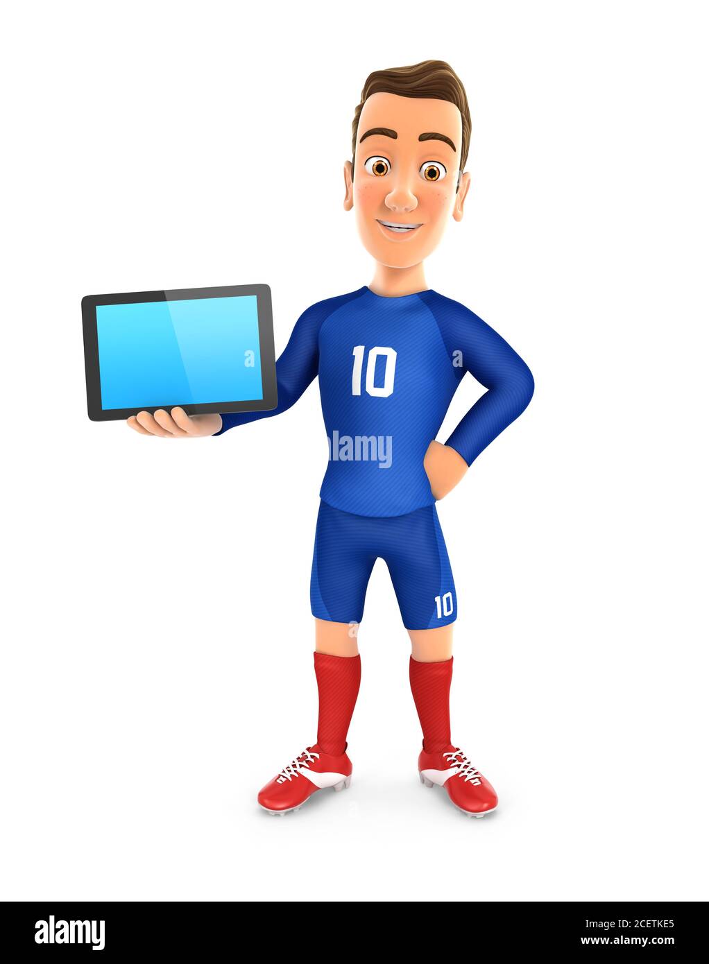 3d soccer player blue jersey standing with a tablet, illustration with isolated white background Stock Photo