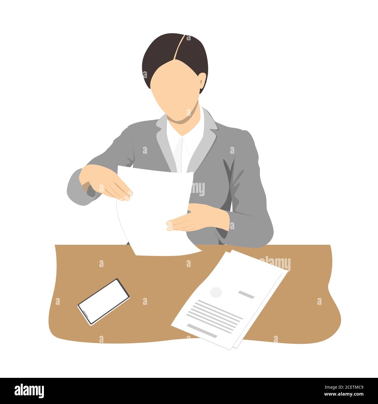 Young business woman reading documents and sitting at the office desk. Businesswoman silhouette, vector flat illustration Stock Vector