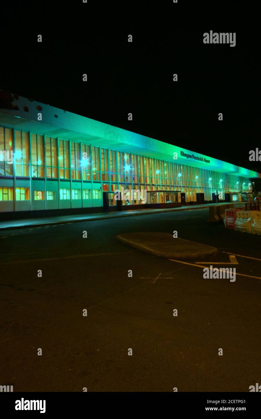 Glasgow Prestwick Airport, Ayrshire, Scotland,15 March 2014, Terminal building illuminated green for St Patrick's Day Stock Photo