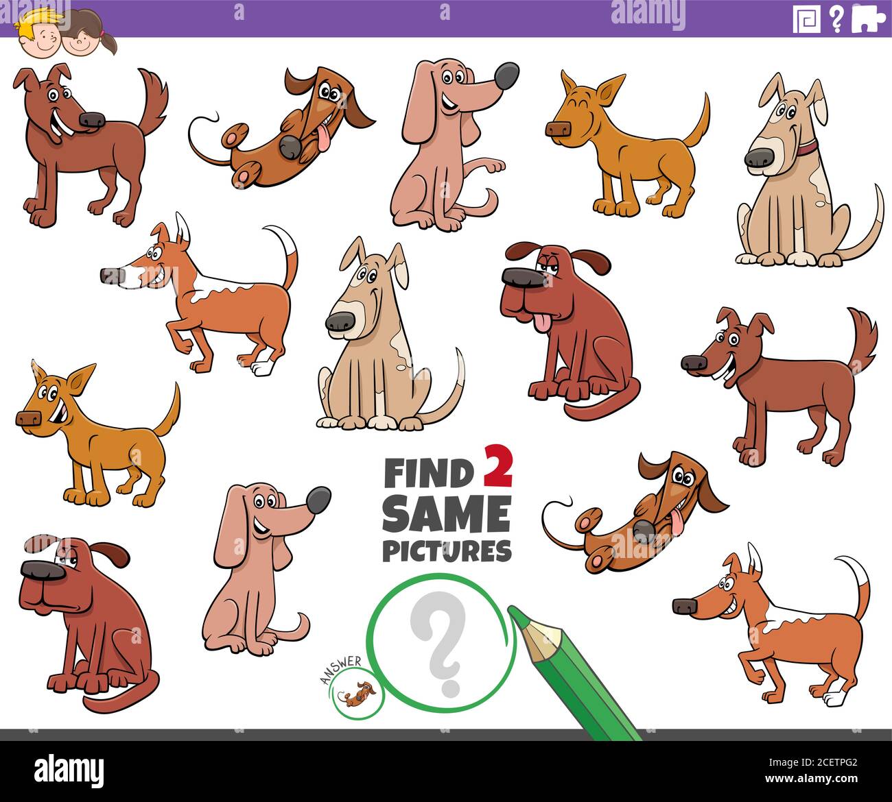 Cartoon Illustration of Finding Two Same Pictures Educational Task for ...