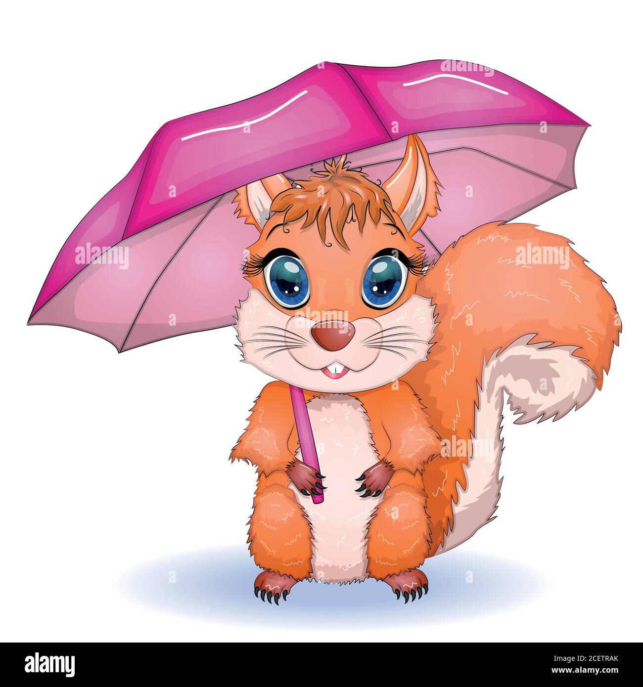 Cute cartoon squirrel with beautiful eyes with an umbrella, autumn