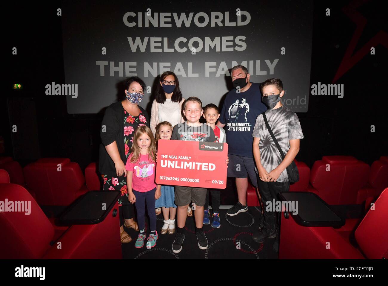 Billy Neal, age 6 (centre) and his family attend a red carpet premiere of the new Cineworld advertisement , which features Billy as the star, Sheffield. Stock Photo