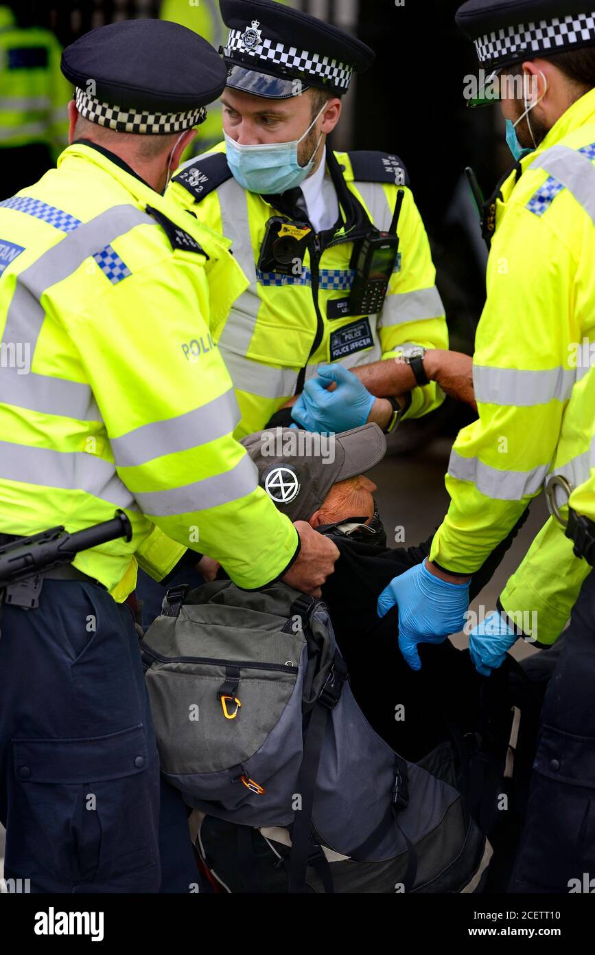 London, UK. Protester being arrested at an Extinction Rebellion protest in central London, 1st September 2020 Stock Photo