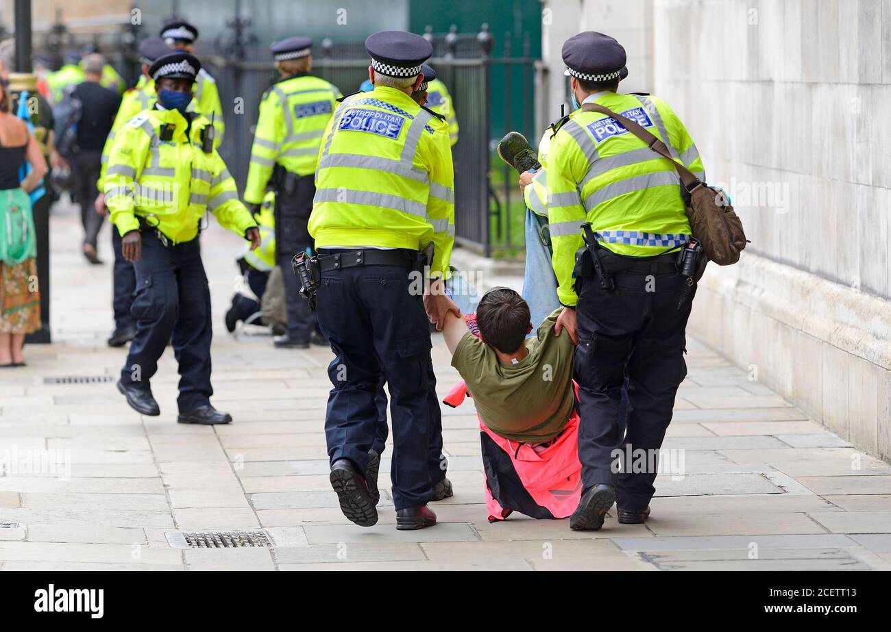 London, UK. Protester being arrested at an Extinction Rebellion protest in central London, 1st September 2020 Stock Photo