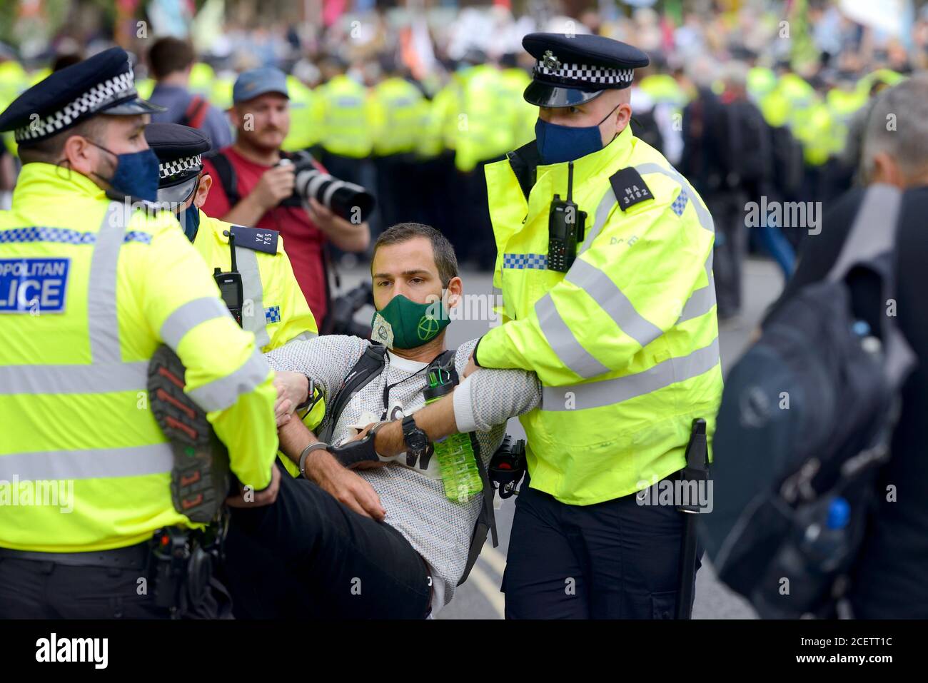 London, UK. Protester being arrested at an Extinction Rebellion protest in central London, 1st September 2020 Stock Photo