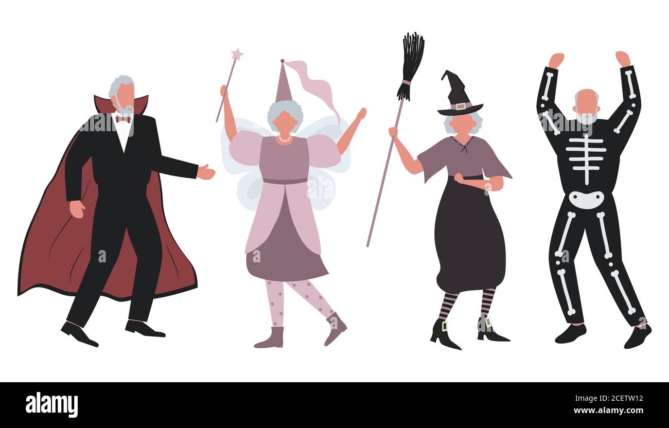 Halloween party. Elderly people in Halloween costumes are dancing and having fun. There is a witch, a vampire, a fairy and a skeleton in the image Stock Vector