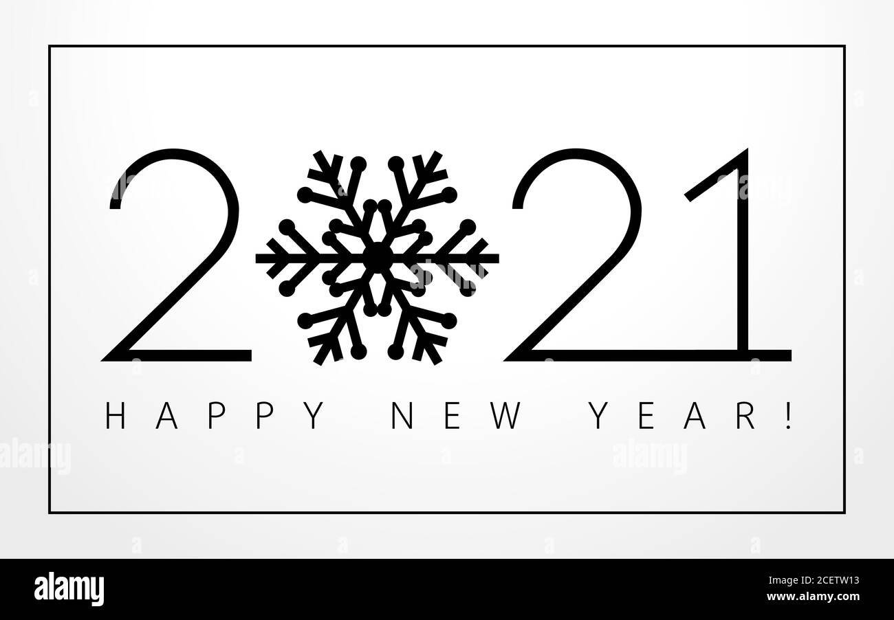 2021 Happy new year black lettering design with snowflake on a white background. Realistic vector calligraphy and numbers 20 21 sign concept, holiday Stock Vector