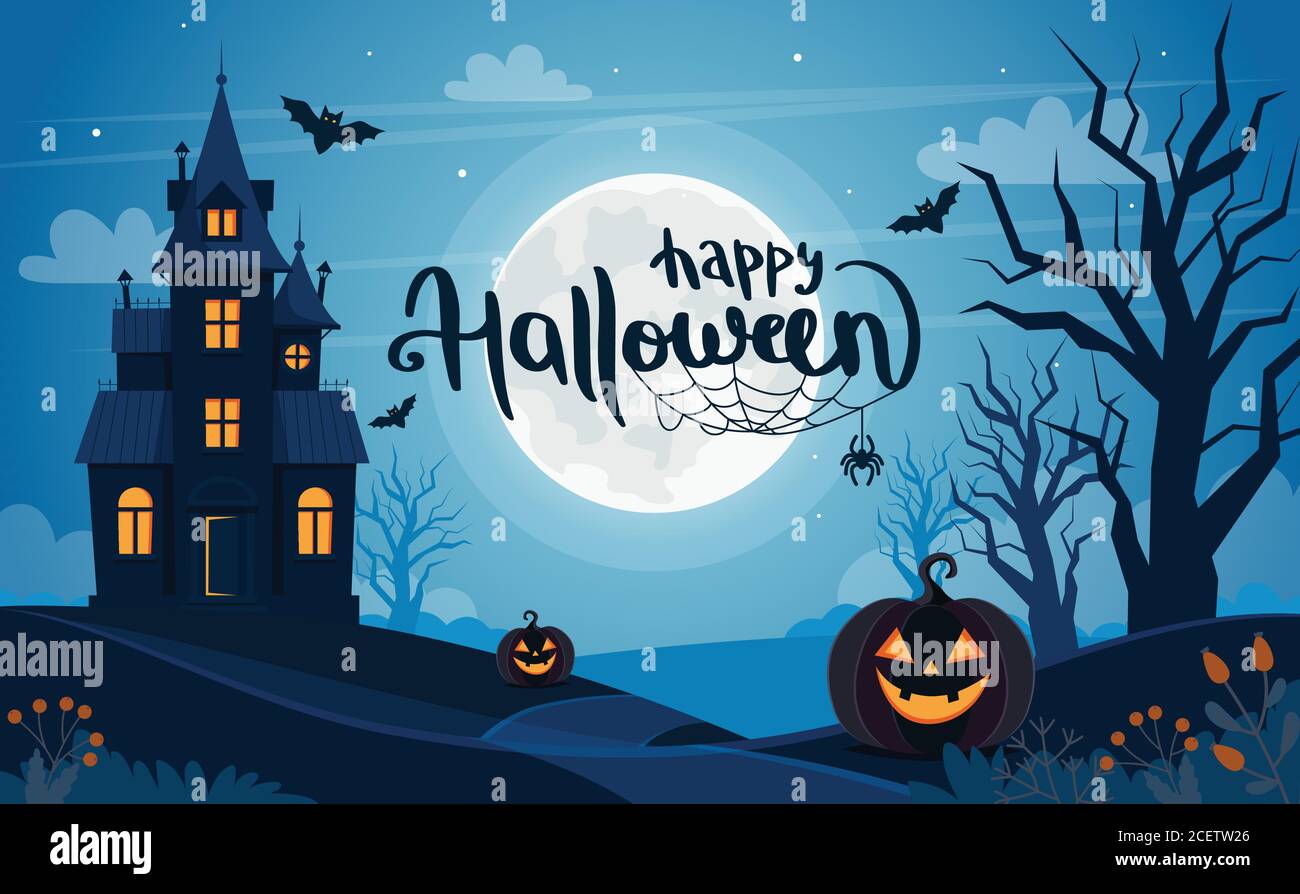 Halloween background with haunted house, full moon, pumpkins and trees ...